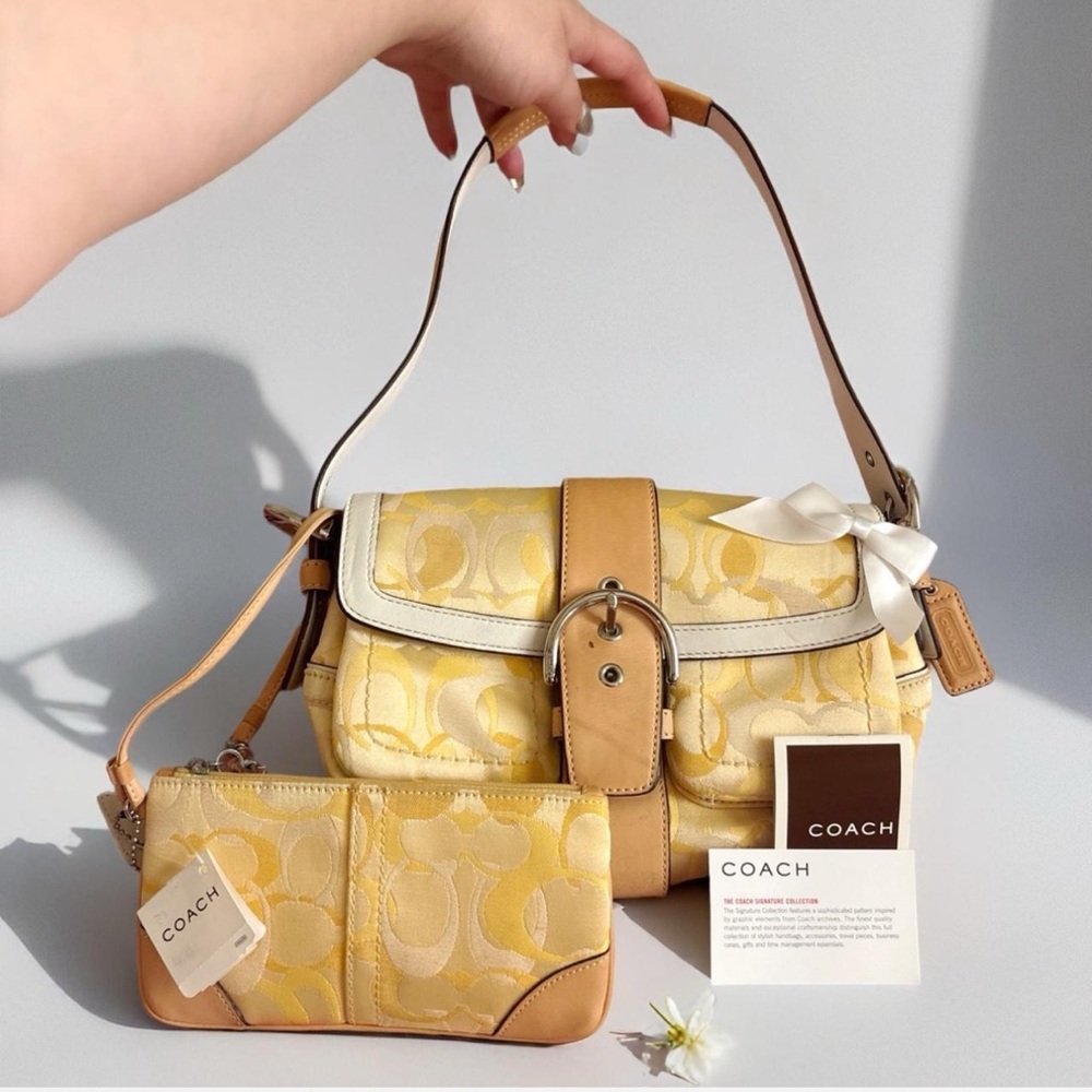 Coach Yellow and Cream Patterned Wristlet